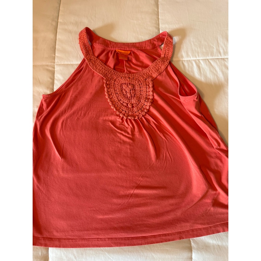 Joe Fresh Coral Orange Crochet Bib Neck Racerback Tank Top Sleeveless Blouse L